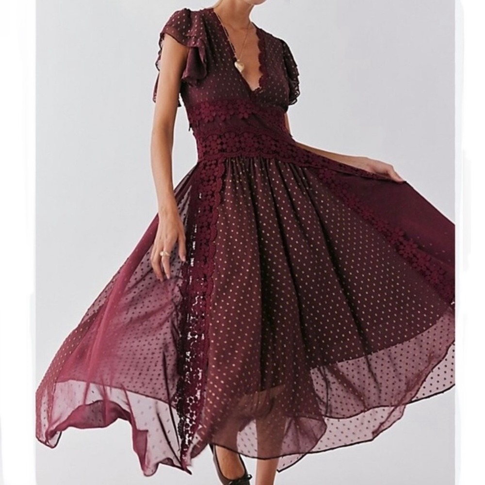 Free People Keely Maxi Dress Brown Lace Floral Swiss Dot Flutter Sleeve Burgundy